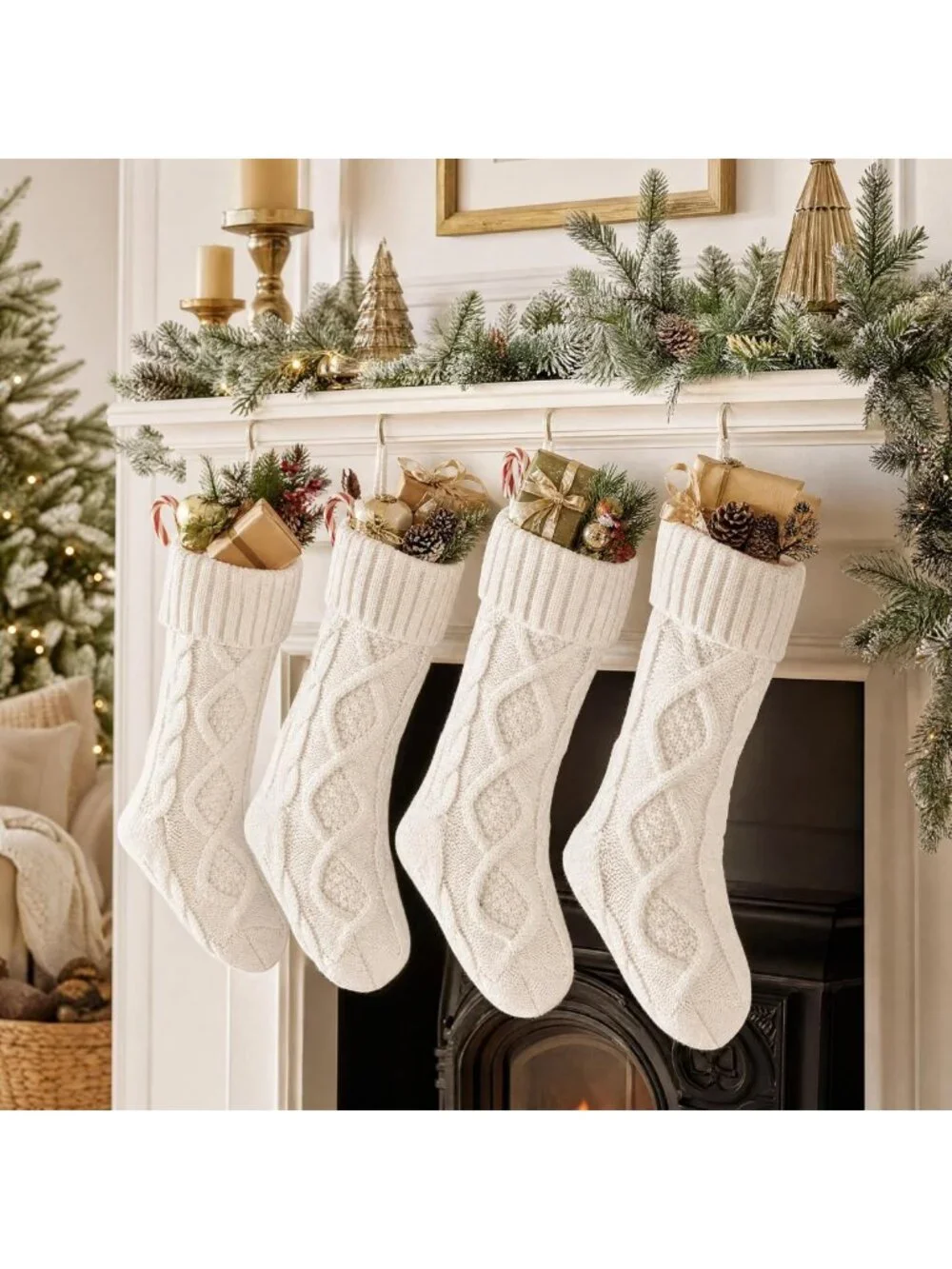 Set of 6 Large Cable Knit Christmas Stockings - 18 Inch Ivory White Holiday